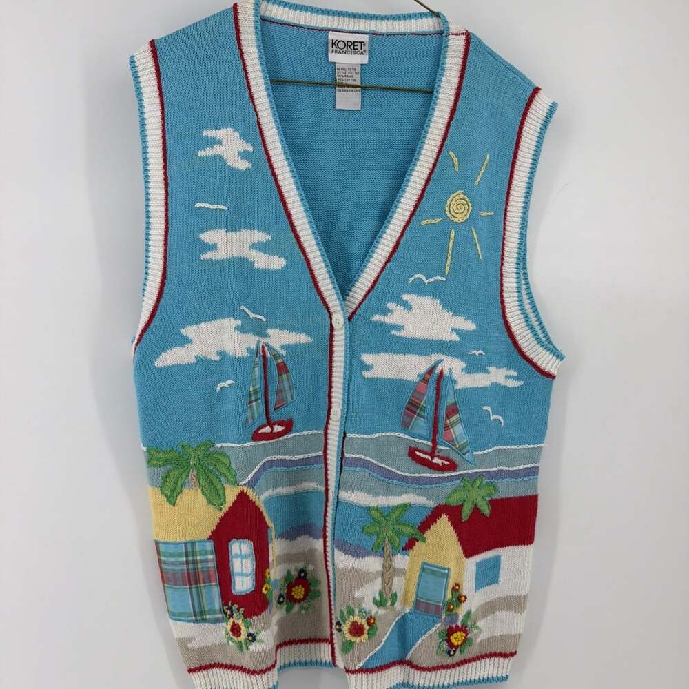 Koret Francisca Knit Vest L Vacation Cottagecore Beach Sailboat Embroidered 90s